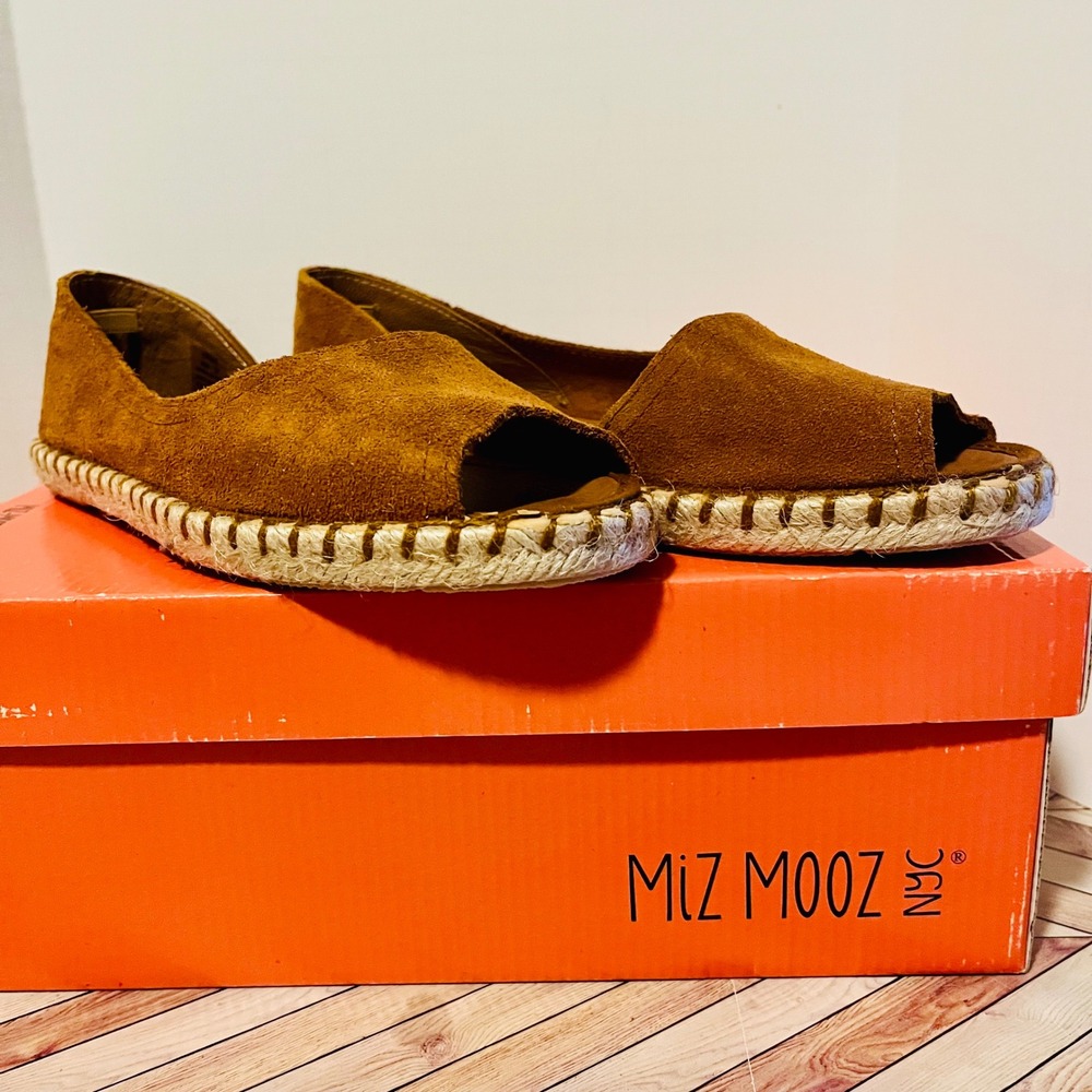 Miz Mooz Cruze Wheat Suede Leather Espadrille Flats US 6.5 EU 37 Peep Toe Brown